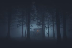 scary house in mysterious horror forest at night